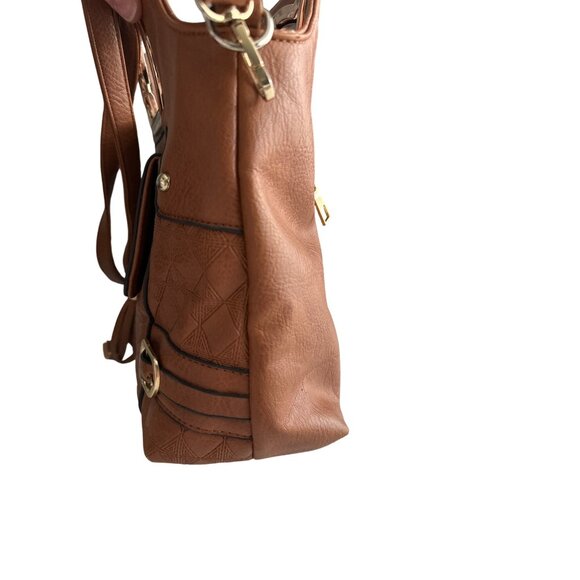 OOH Brown Multi Way Handbag Gold Cat Cutout Handle Perforated Faux Leather - Picture 7 of 8